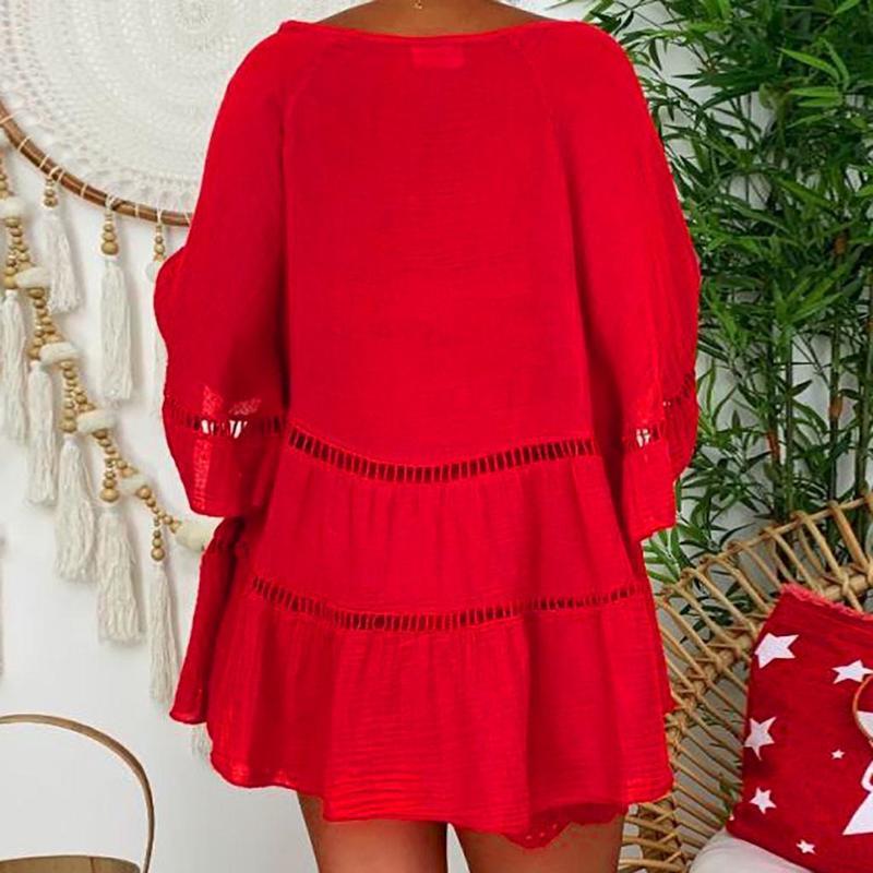 Women Flare Sleeve Cotton Shirt Oversized Hallow Out Loose Blouses Solid Color Yellow White Buttoned Ruffle Plus Size Tops