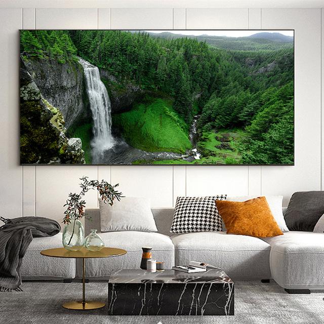 Landscape Waterfall Green Forest Canvas Painting Modern Posters and Prints Wall Art Pictures Living Room Home Decor No Frame