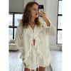 Summer Holiday Long Sleeve Ruffle Lace Up Chiffon Shorts Suit Women Casual V Neck Solid Loose Shorts Set Female New Outfits