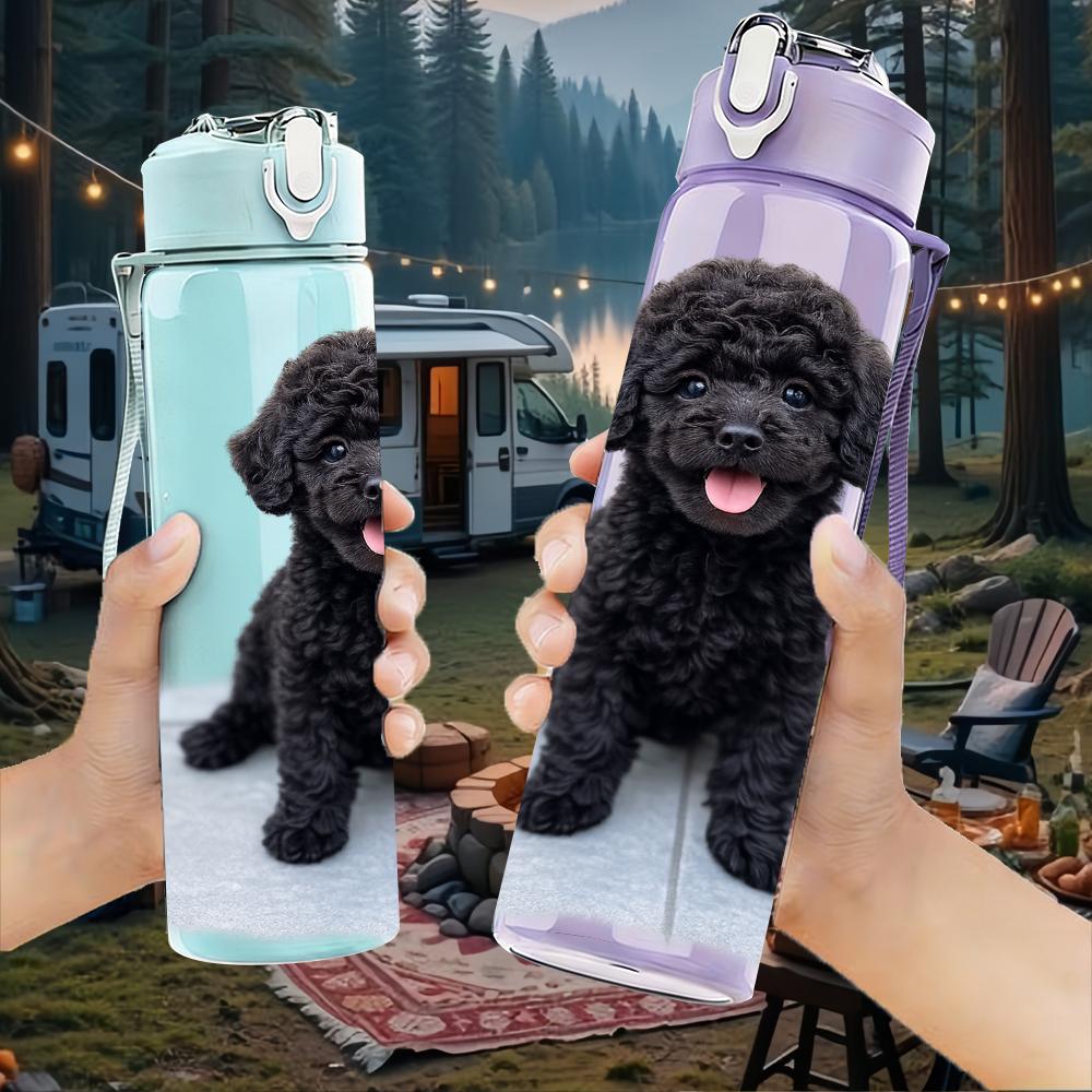 1PC Curly Black Poodle Puppy 750ml Color Plastic Water Bottle Leakproof Flip Straw Lid For Sports Office Home Use