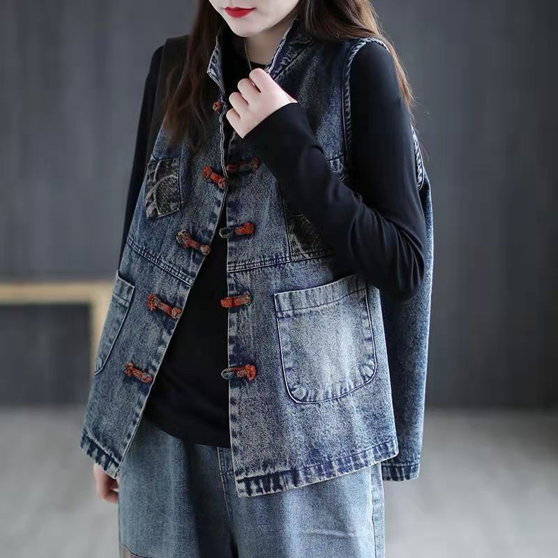 Women's Denim Vest Cotton Spring and Summer Short Plus Size Vest Chinese Style Retro Korean Fashionable Sleeveless Jacket Women