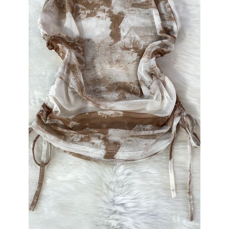 Chinese Style Ink Painting Print Halter Spaghetti Straps Vest Women's Outerwear Western Style Slim Fit Slimming and Short Drawstring Top Summer