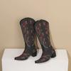 Вышивка Западные Женские Сапоги до Колена Коричневые Черные ПУ Квадратный Каблук Зимние Круглый Носок Винтажные Ковбойские Ковбойские Слипоны Длинные Сапоги