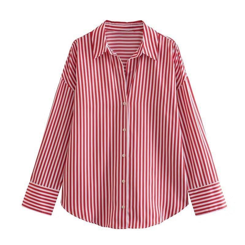 Women S Loose Fit Long Sleeve Collared Striped Casual Shirt