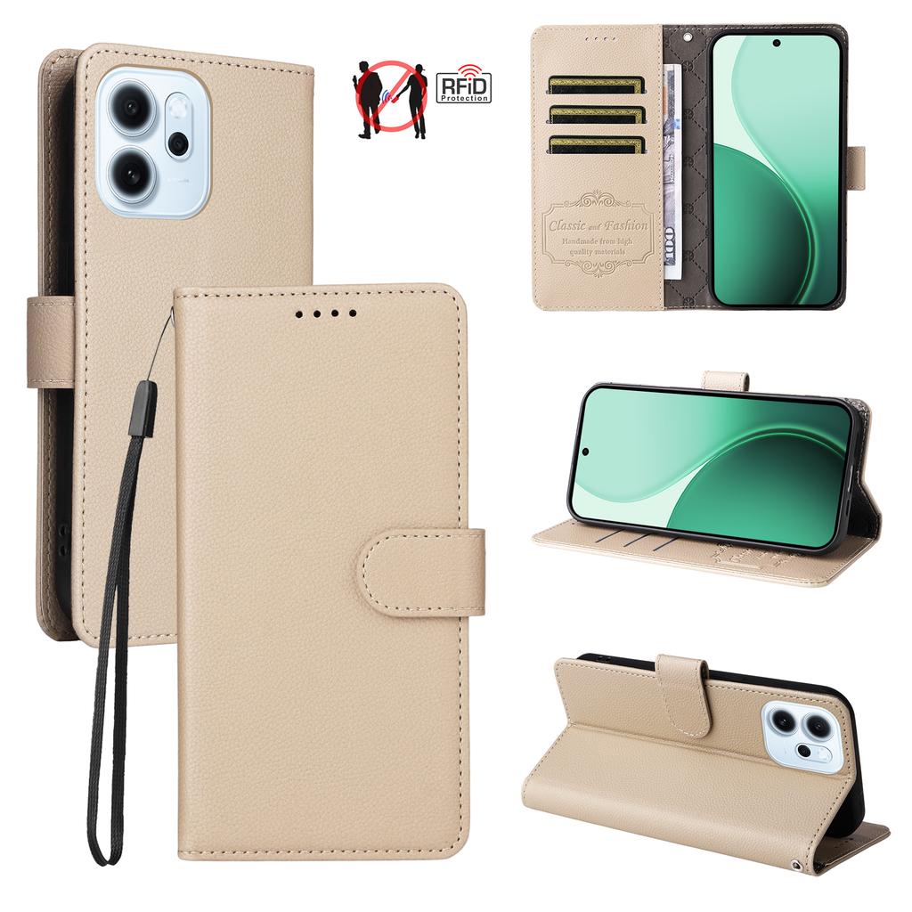For Oppo Reno15 F 5G Case RFID Blocking 3 Card Slots PU Leather Phone Cover with Wrist Strap