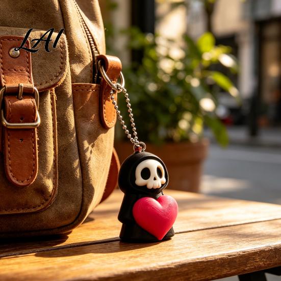 Grim Reaper Hanging Pendant Holding Heart Keychain Charm 3D Printed Gothic Skull Decor with Halloween Party Decoration Ball Chain Backpacks