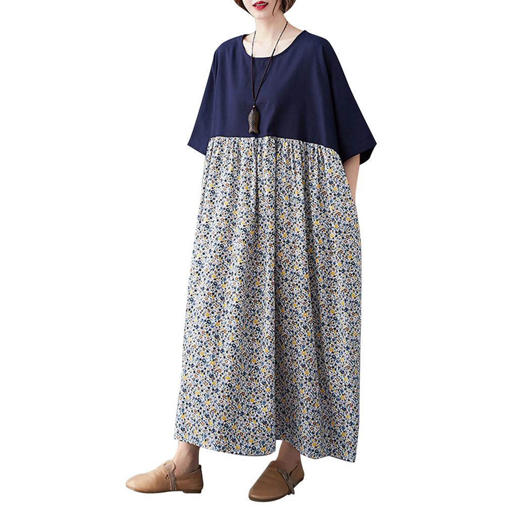 Женское хлопково-льняное платье с цветочным принтом и карманами до середины икры, свободный круглый вырез с короткими рукавами, повседневные размеры больших размеров