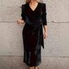 Women Autum Spring Dress Cross V Neck Solid Color Lace-up Tight Waist Velvet Mid-calf Length Long