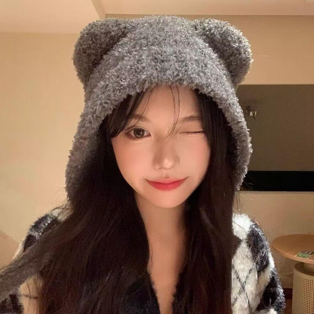 Милая плюшевая вязаная шапка с медведем Harajuku Y2K шапки-бини модная шапка с ушками медведя из овечьей шерсти для девочек