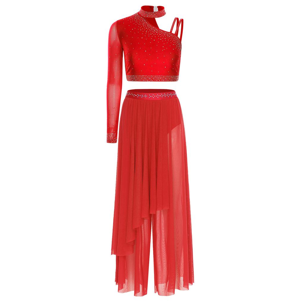 Эффектный костюм для лирического танца для женщин S-XXL: Привлекательный асимметричный дизайн со стразами и струящейся юбкой-накидкой