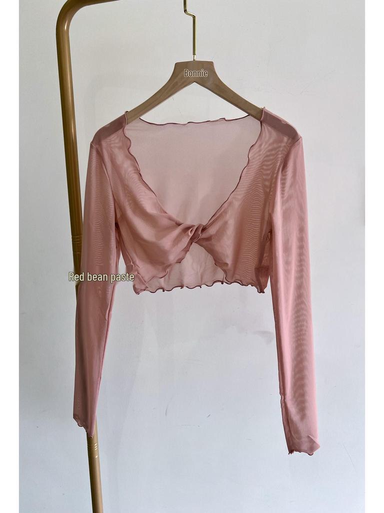 Женская одежда для балета с длинным рукавом, сетчатый топ с запахом - для йоги, классических, современных тренировок и рубашка для защиты от солнца