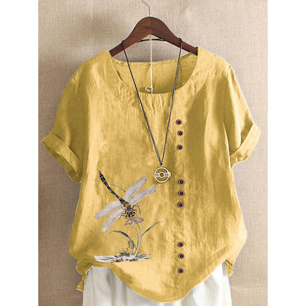 Women's Summer Fashion Casual Linen Shirt Round Neck Printing T-shirt Short Sleeve Tops Loose Blouse XS-5XL