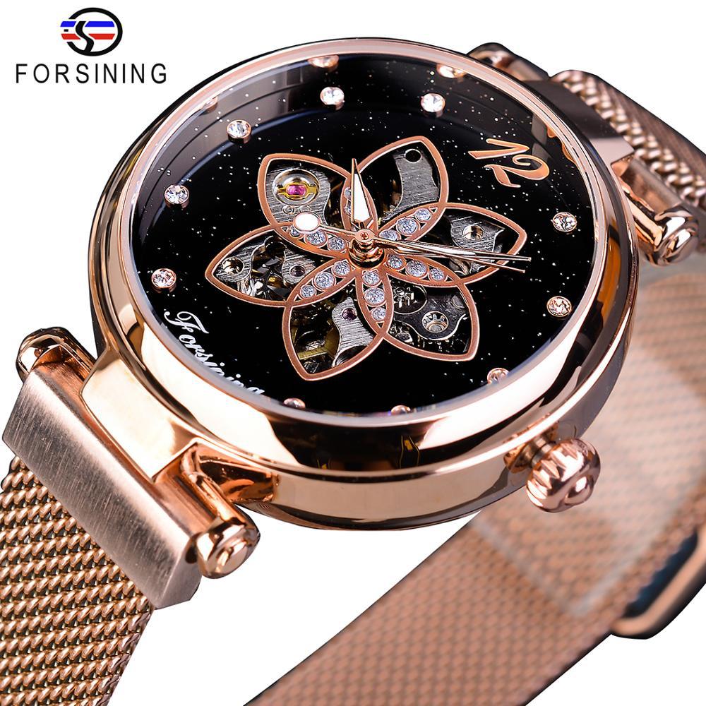 Forsining Ladies Fashion Casual Hollow Mechanical Mesh Belt Automatic Mechanical Watch