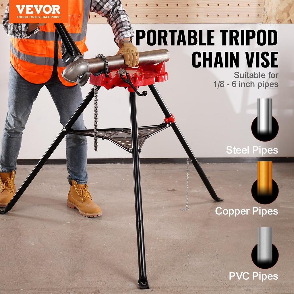 Chain Vise with Tripod Stand | 1/8"-6" Pipe Capacity | 1323 lbs Loading Capacity | Portable Stand with Folding Legs and Tool Tray | Ideal for Plumbing