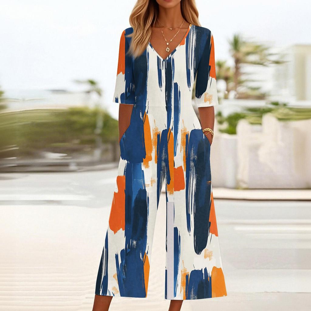 Женский свободный повседневный комбинезон с V-образным вырезом и принтом, облегающий комбинезон с широкими штанинами, комбинезон с широкими штанинами