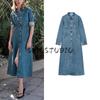Spring New Women's Clothing Minimalist Style Decorated Row Button Lapel Long Sleeves Denim Midi Skirt Dress 1879225