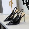 Women Pointed Toe Patent Leather High Heels Shallow Vamp Rhinestone Decorated Backless Strap Dress Shoes