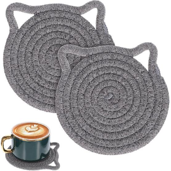 2 PCS Cute Coasters, Absorbent Fabric Mug Pads Cat Ear Shape Large Size Coasters for Drinks Handmade Braided Cotton Coaster for Wooden Table Tabletop