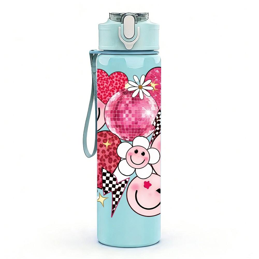 1PC Smiley Heart Bouquet Cartoon Print 750ml Color Plastic Sports Water Bottle Leakproof Flip Straw Lid Suitable for Sports Office Home Use