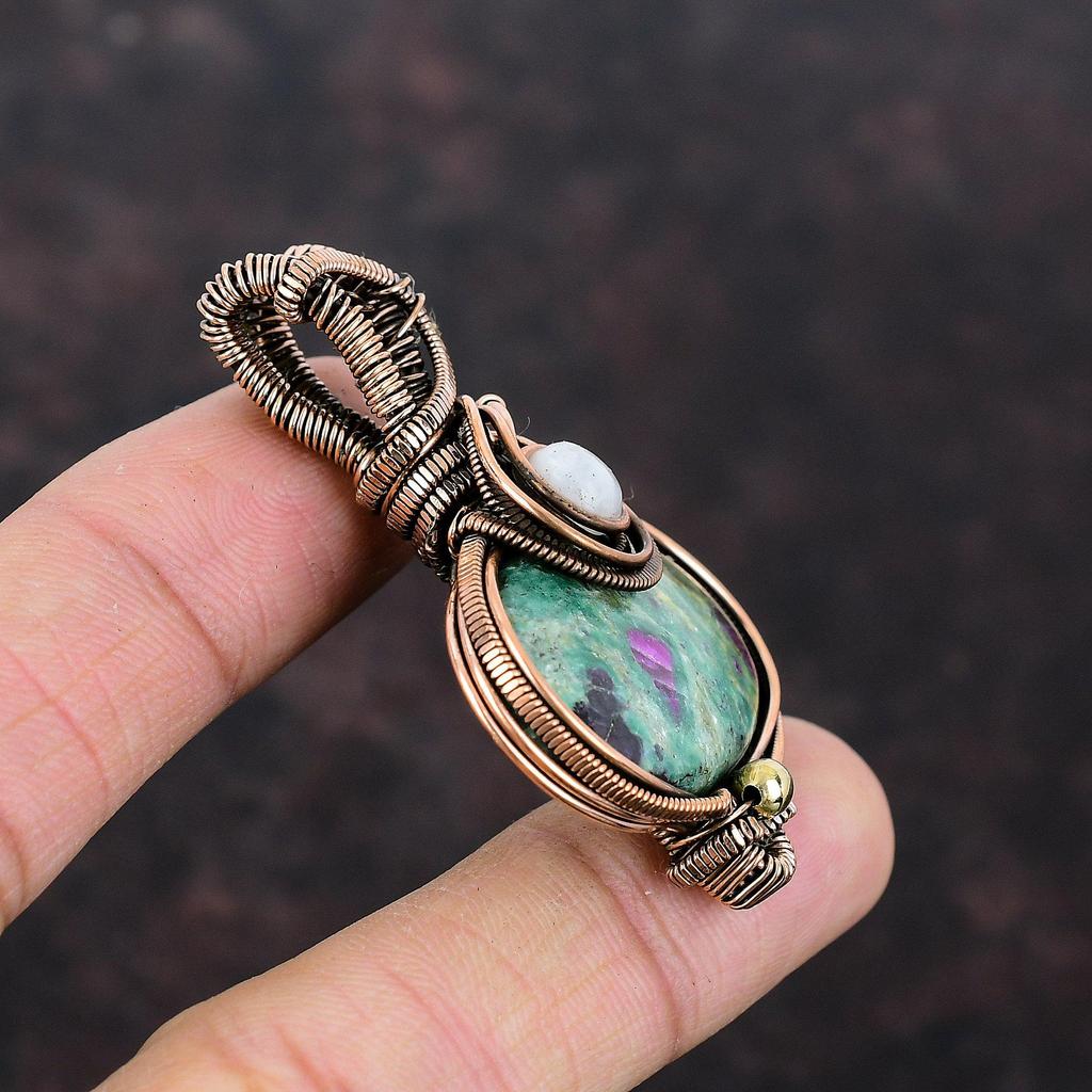 Подвеска из рубина и фуксита, подвеска из медной проволоки, подвеска ручной работы, подвеска из радужного лунного камня, антикварная медная бижутерия, подарок для матери