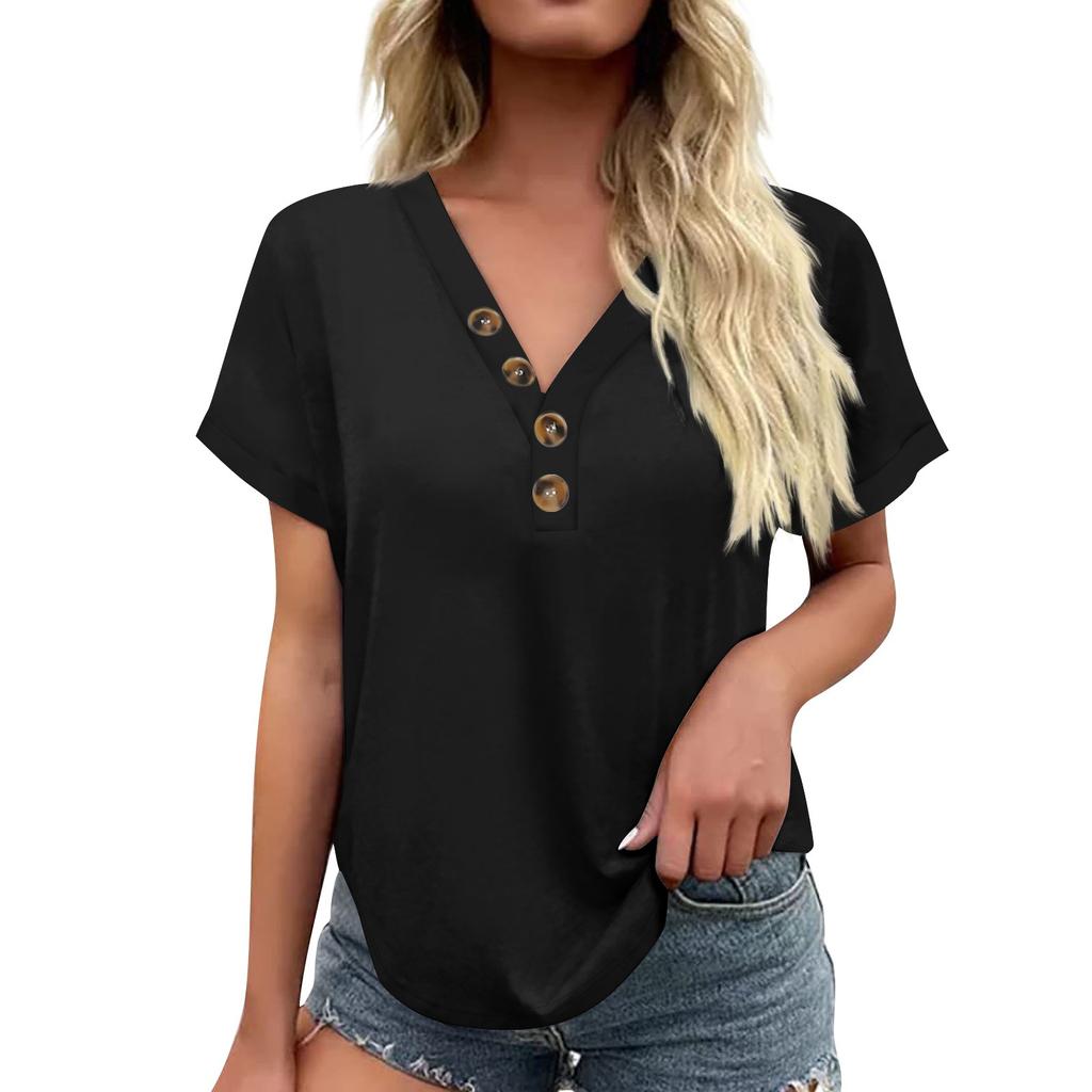 Women's Fashionable Casual Short Sleeved Solid Color V-neck Button Top