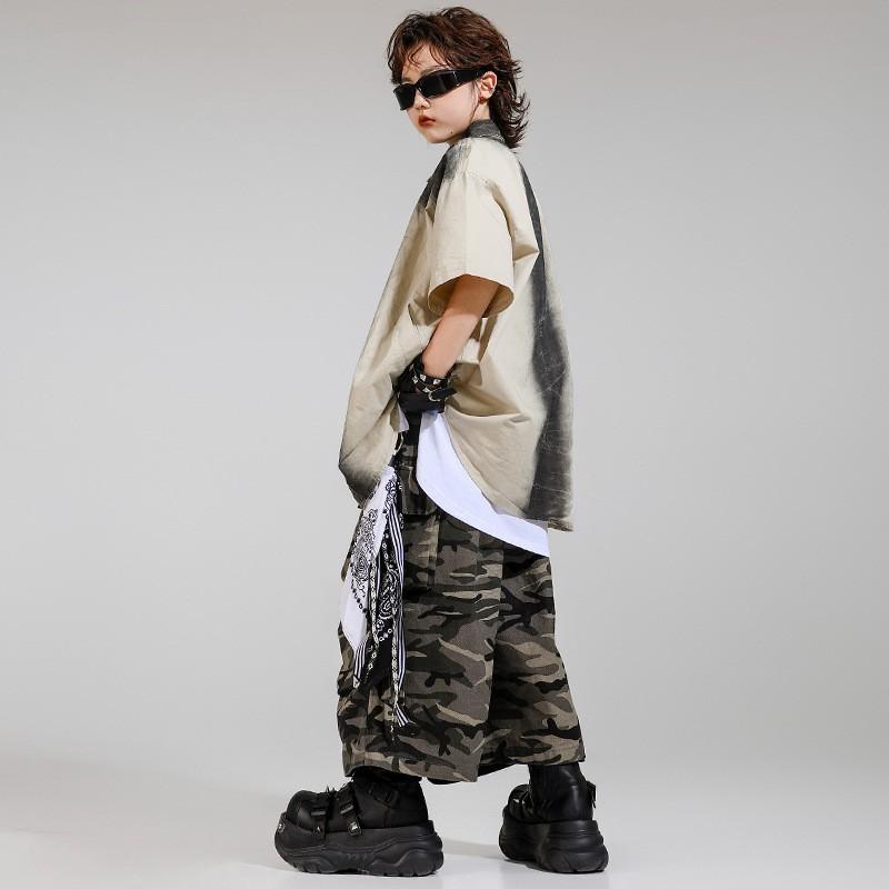 Kids Hip Hop Performance Outfit Set Cotton Shirt Camo Pants Dance Stage Show Boys Girls