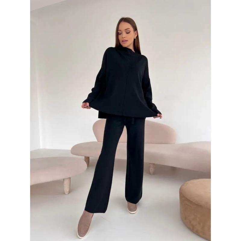 Женский комплект свитера с длинным рукавом и свободными повседневными брюками на осень и зиму