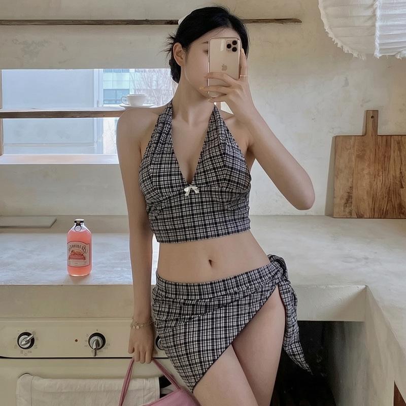Pure retro hottie sexy bikini women's plaid neck straps split three-piece hot spring vacation swimsuit