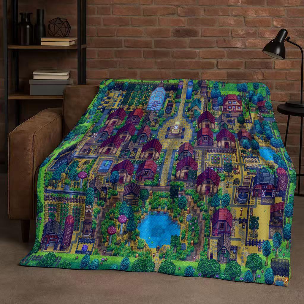 Retro Stardew Valley Farm Map Pixel Game Flannel Blanket,Ultra Soft Warm Plush Throw for Home Bedroom Bed Sofa Cover Kids Gift
