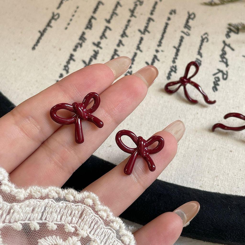 Ретро красные серьги-бантики для женщин - Дизайн высокого класса с серебряной иглой, Белый и милый осенне-зимний стиль
