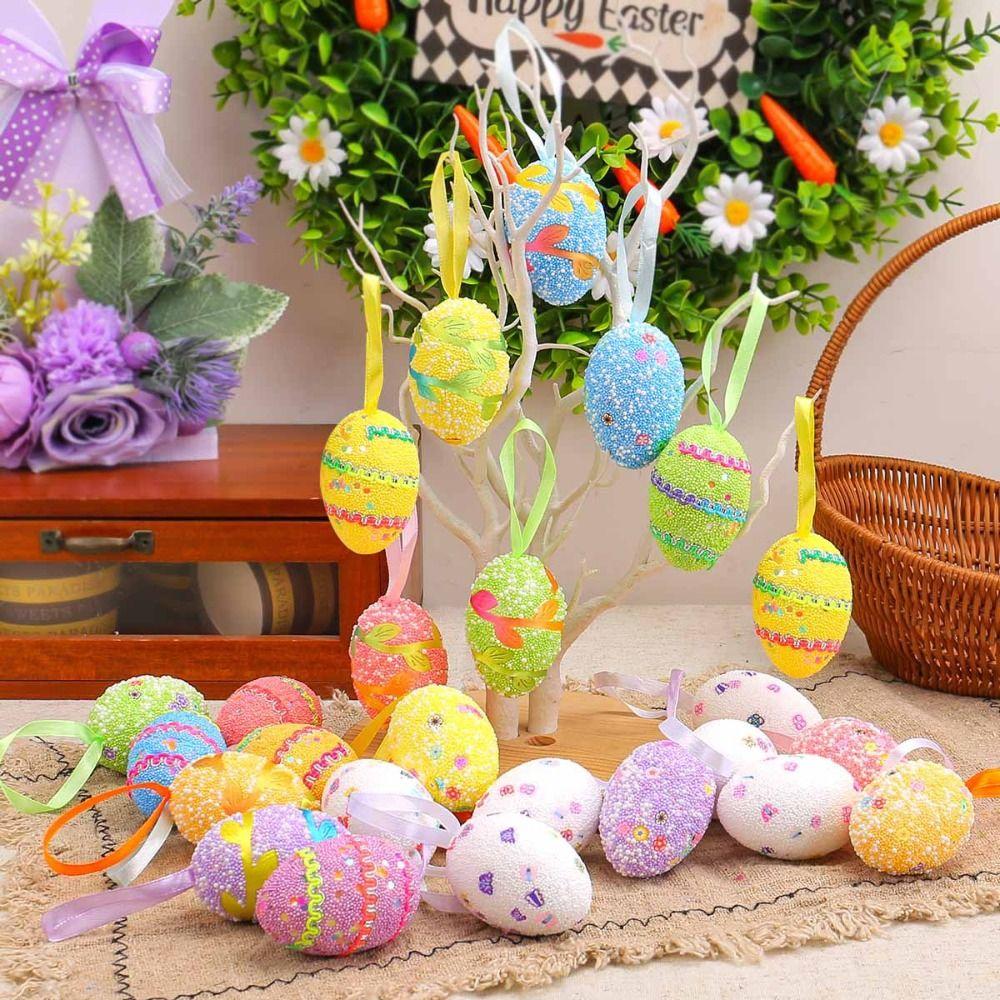 6PCS Colorful Easter Egg Hanging Ornament Foam Simulation Egg Pendant Happy Easter Decorations