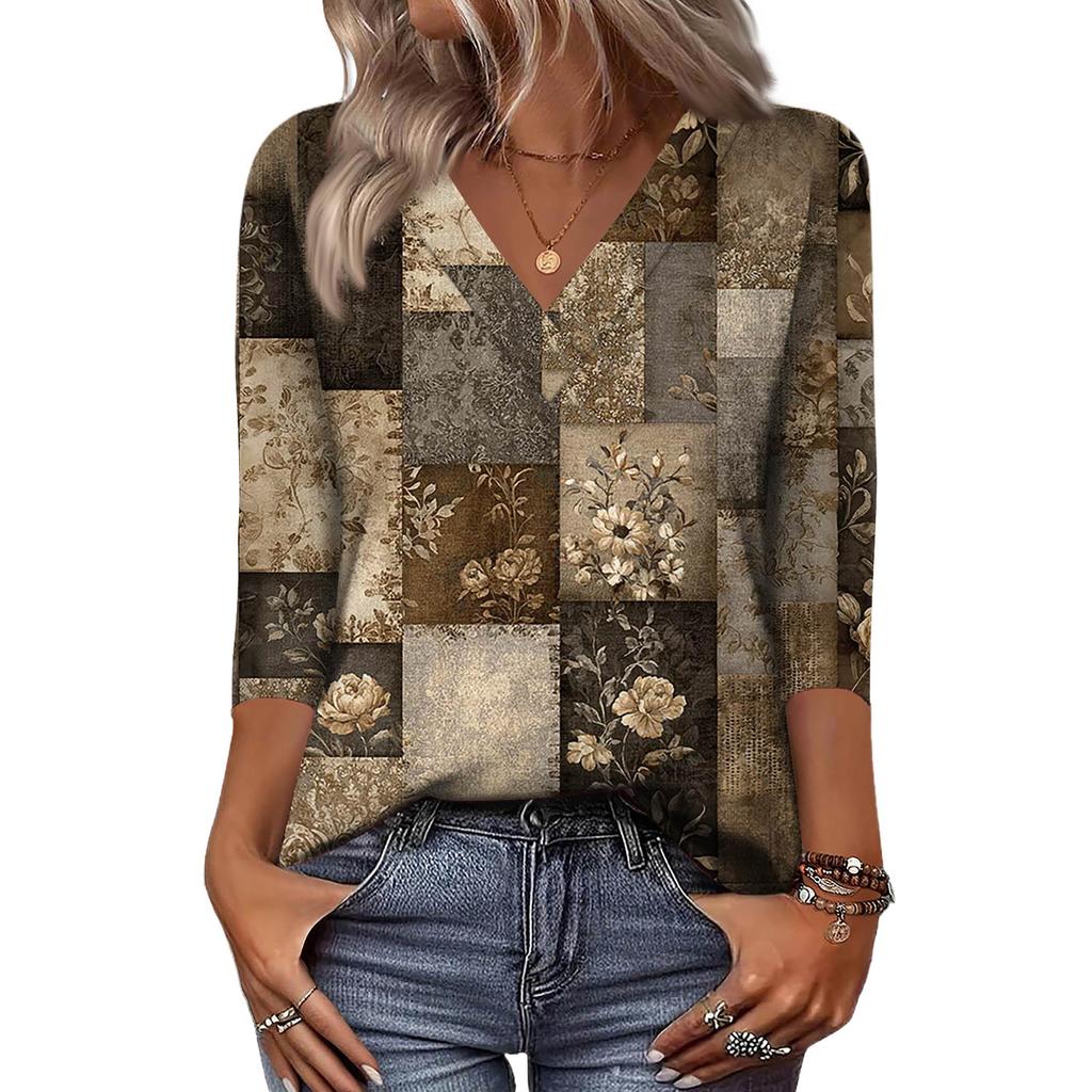 Women's 3/4 Sleeve Shirts V Neck Print Tops Casual Tops Basic Tees Blouse Loose Tops