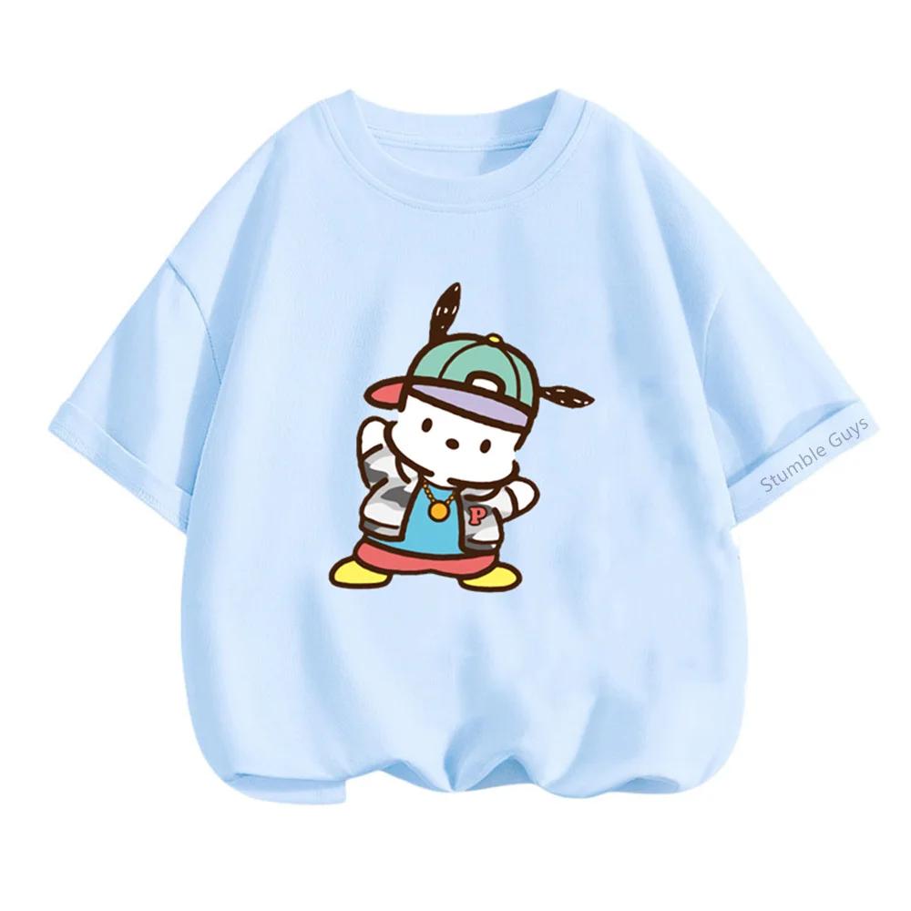 Летняя повседневная модная футболка Sanrio Pochacco с коротким рукавом для мальчиков и девочек