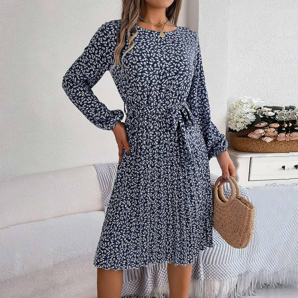 Women Fashion Spring And Summer New Casual Long Sleeve Floral Large Hem Pleated Dress