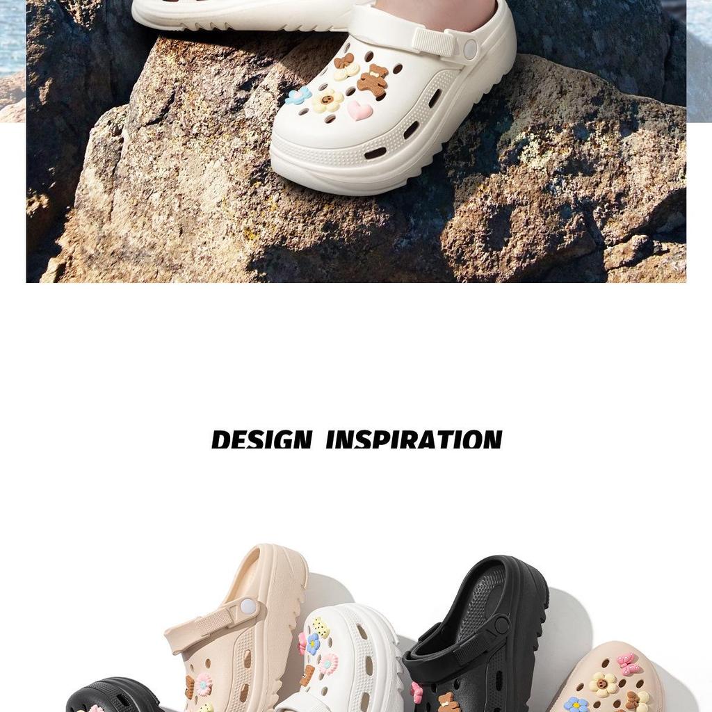 Женские пляжные туфли на толстой подошве с противоскользящим эффектом 2024: Закрытый носок, Дизайн с отверстиями, Полушлепанцы для летней уличной носки.