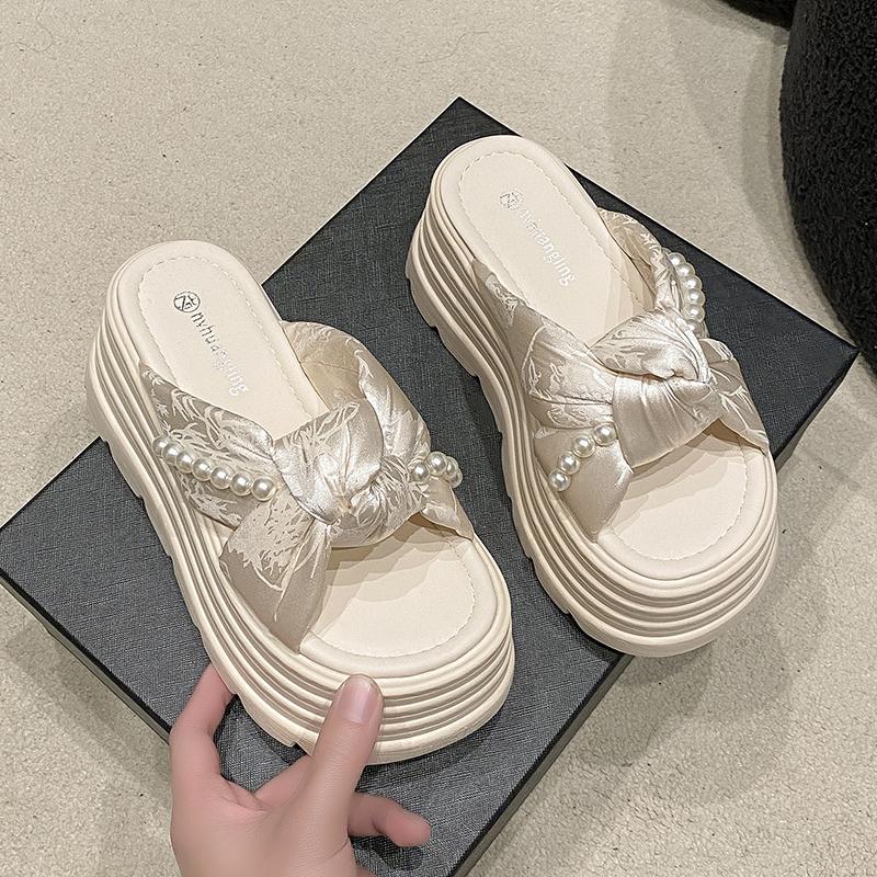 Aphixta Жемчужные сандалии на платформе, шлепанцы на высоком каблуке 8 см, женские шлепанцы, обувь, шлепанцы-клинья, летние пляжные шлепанцы с бусинами