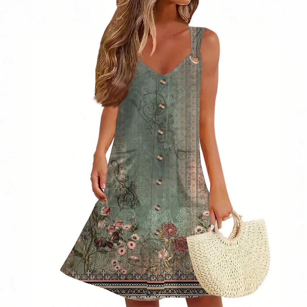 Женское летнее платье с карманом без рукавов сарафан с цветочным принтом