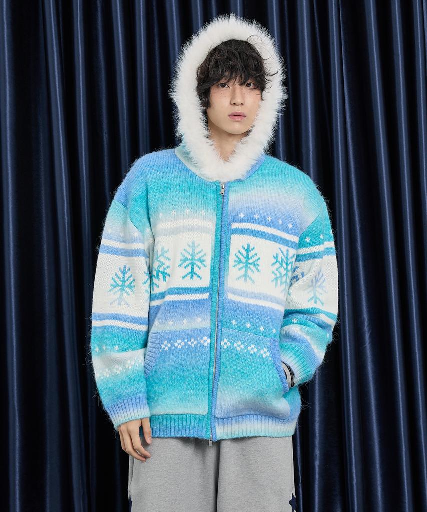 WAIKEI Snow Gradient Fur Hooded Zip-Up Blue