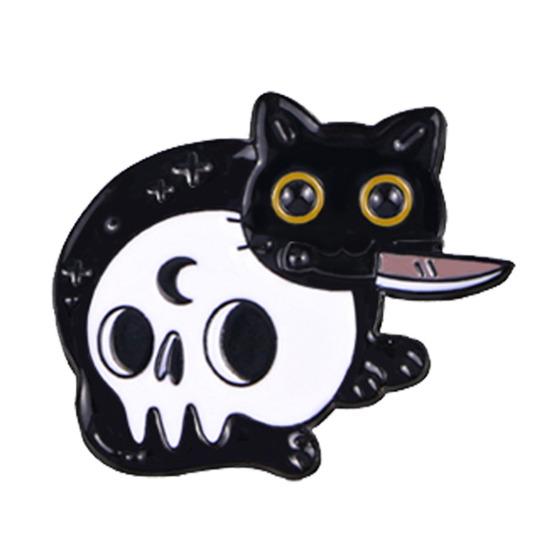 Enamel Craft Brooch Halloween Cartoon Black Cat Skeleton Shape Alloy Badge Compact Size Lapel Pin Easy to Fall Off Accessory