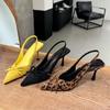 Women's Kitten Heels Slingbacks Sandals Leopard Genuine Leather Pointed Toe Party Wedding Shoes Woman Quality Pumps Bow