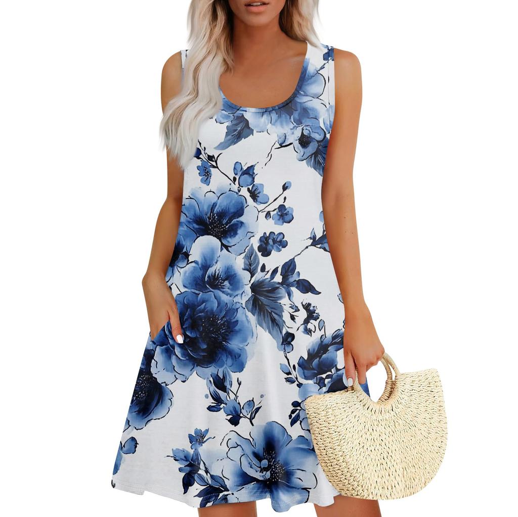 Женское летнее повседневное платье с квадратным вырезом и цветочным принтом, платье без рукавов с карманами