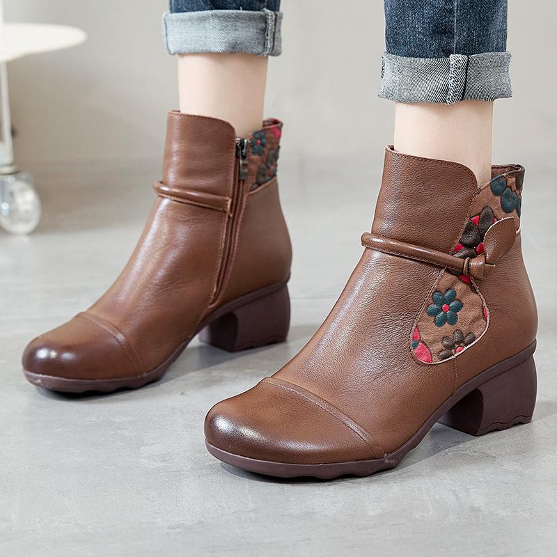 Ботильоны из натуральной кожи, женская обувь 2024 года, осень-начало зимы, круглый носок, квадратный каблук, молния, ручная работа, женские ботинки для отдыха