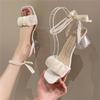 Mesh High Heels Women's Summer 2024 New Medium Thick Heel Crystal French Fairy Pearl Roman Sandals Ins
