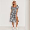 Женское платье весна-лето с разрезом, квадратным воротником и короткими рукавами в клетку