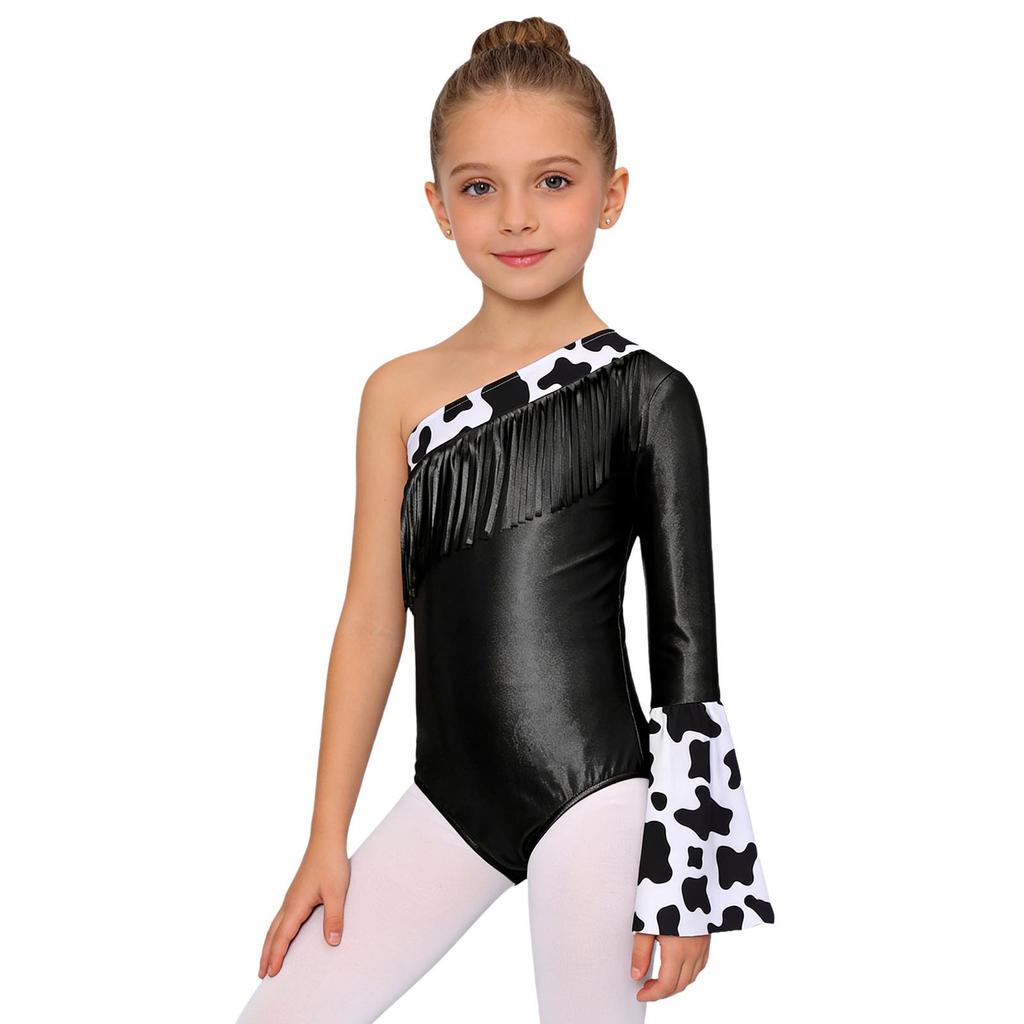 Girls Cowgirl Costume Left Long Flare Sleeve Fringed Metallic Patchwork Leotard Press Buttons Bodysuit