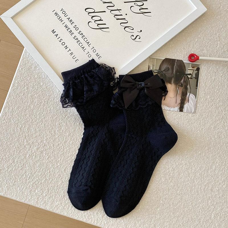 Женские весенне-летние носки с милым кружевным краем и бантом в рубчик