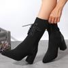 Зимние женские полусапоги 2024 Новые вязаные теплые эластичные тканевые дизайнерские модные ботильоны на высоком каблуке Элегантные женские ботинки с острым носком
