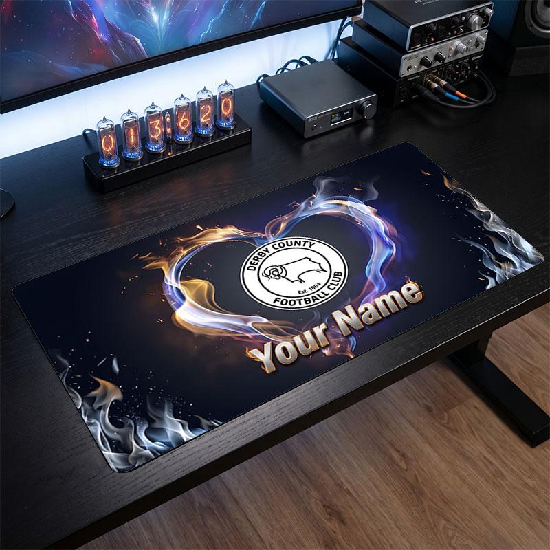 Derby County Custom Large Mouse Pad, Personalized Name Text Print, Football Logo Non‑Slip Desk Mat Gaming Gift