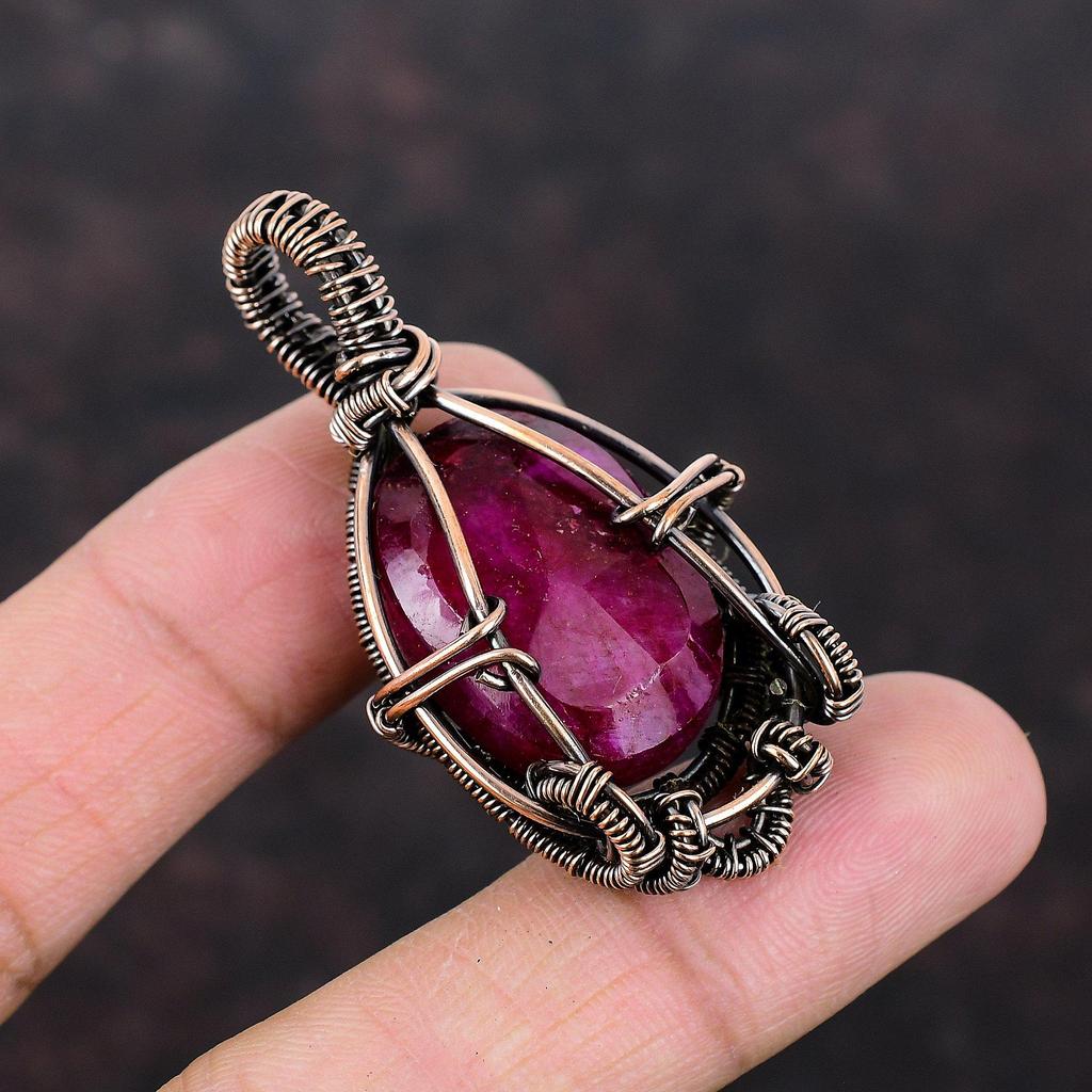 Faceted Kashmir Ruby Pendant Copper Wire Wrapped Pendant Antique Copper Jewelry Handmade Pendant Wire Wrapped Gemstone Jewelry Gift For Her