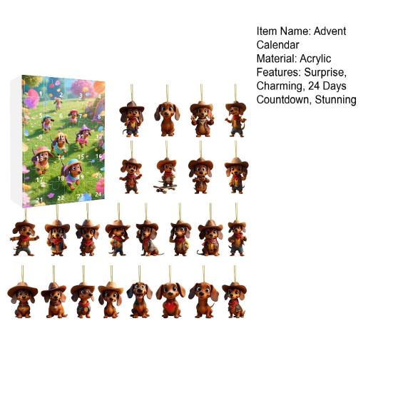 Календарь ожидания Рождества с собакой таксой 2025 24 дня Календарь обратного отсчета до Рождества с 2D акриловыми подвесными украшениями в виде таксы для декора елки